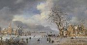 Aert van der Neer A winter landscape with skaters and kolf players on a frozen river,